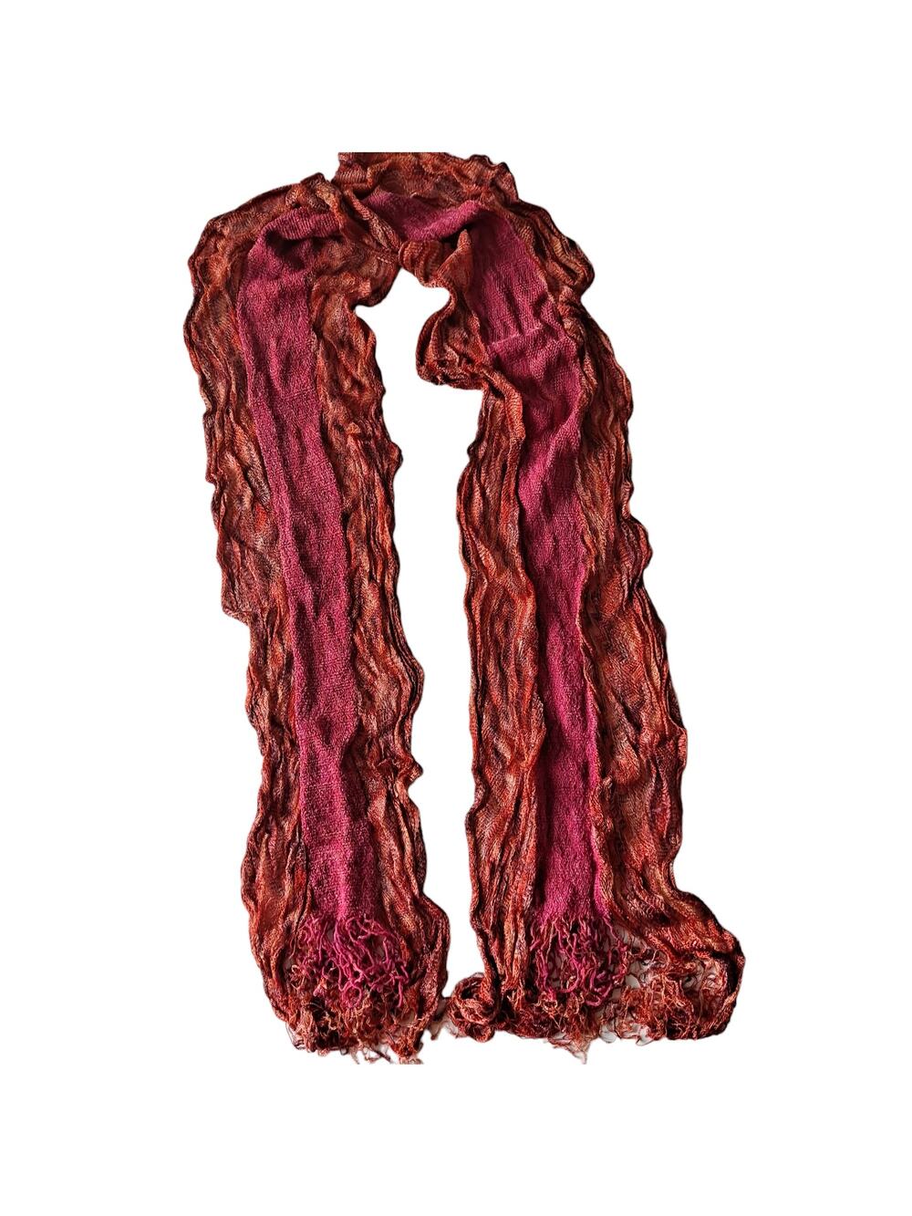 Pink, Brown & Orange Frilly Crinkle Rectangular Scarf with Thin Fringes 14"X68"